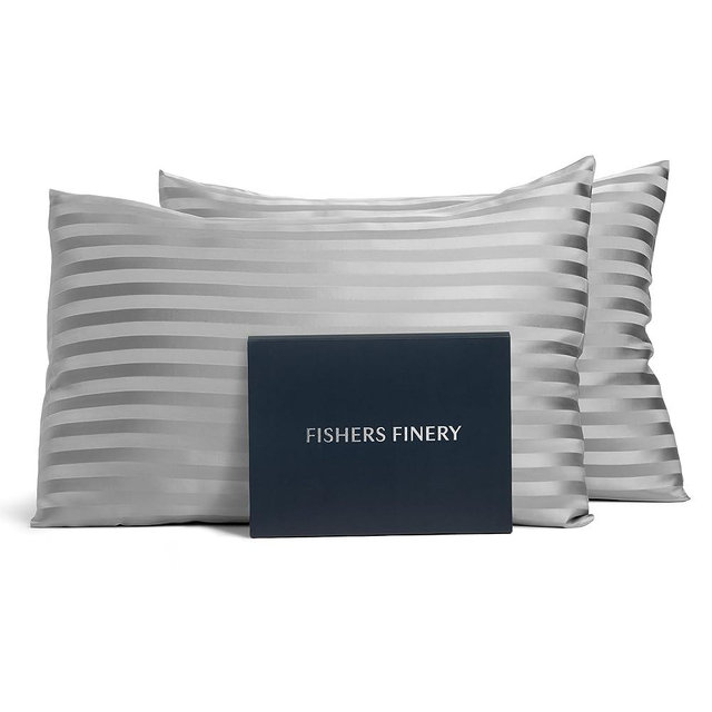 Fishers Finery 25mm 100% Pure Mulberry Silk Pillowcase Set, Good Housekeeping Winner (Gray Stripe, Queen 2 Pack)