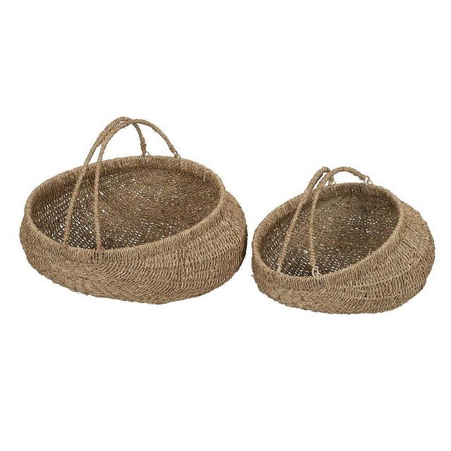 Household Essentials Set of 2 Small Woven Wicker Storage Baskets with Handles | Natural Brown Seagrass
