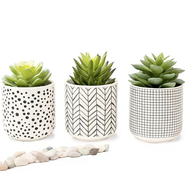 Kurrajong Farmhouse Artificial-Succulents-in-pots | Set of 3 Black and White Ceramic pots with Succulents Artificial | Faux Plants Indoor Artificial Succulent pots 4.75" high