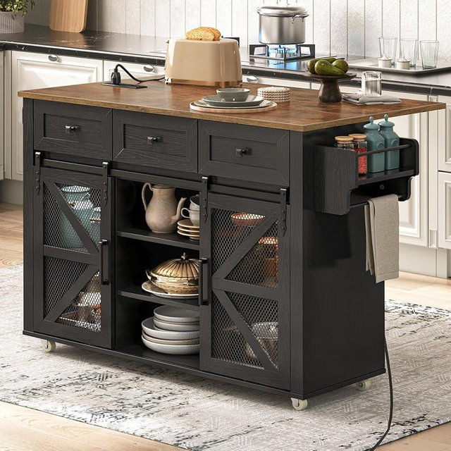 RALGEND Kitchen Island with Storage, Kitchen Cart with Charging Station, Rolling Kitchen Island Table with Drop-Leaf, 3 Drawers, Barn Doors, Towel Rack and Spice Rack, Black and Rustic Brown