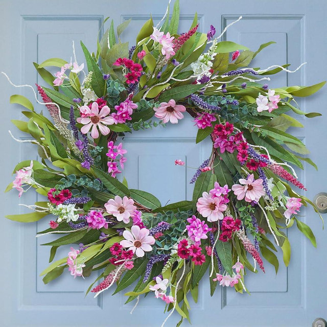Spring Wreaths for Front Door Outside, Large Flower Spring Door Wreath, Daisy Pink Year Round All Seasons Summer Wreaths, Artificial Home Decor Decorations Holiday (Pink)