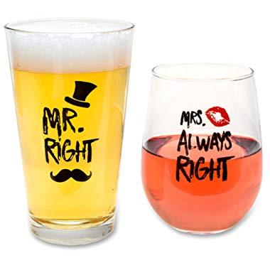 Funny Wedding Gifts - Mr. Right and Mrs. Always Right Novelty Wine Glass and Beer Glass Combo - Engagement Gift for Couples