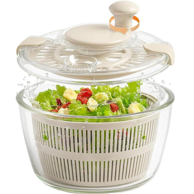 Large 5.2 Qt Glass Salad Spinner Vegetable Dryer with Drain Microwave Safe Dishwasher Safe with Transparent Lid Crank Handle Quick Spin Greens Washer for Lettuce Herbs Fruits (off-white)