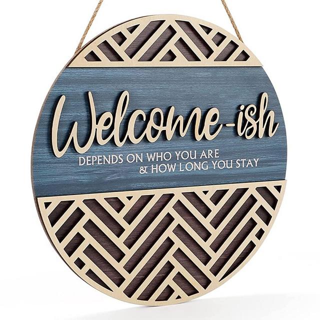 IARTTOP 3D Welcome Hanging Sign Plaque for Front Door Wall Decor, Funny Welcome-ish Wooden Hanger (12''x 12''), Rustic Minimalist Outdoor Wood Wall Art for Farmhouse Porch or Entryway Home Decor