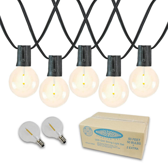Novelty Lights 50 Feet Warm White LED G40 Globe Plastic Shatterproof Outdoor Patio String Lights, Black Wire