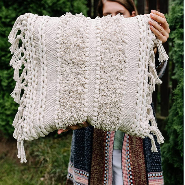 Decorative Boho Pillow Cover, 18”x18”, Soft Moroccan Rustic Throw with Tufted Accents, Plush Handwoven Cotton, Neutral Farmhouse Home Decor | Made with Love and Care in India