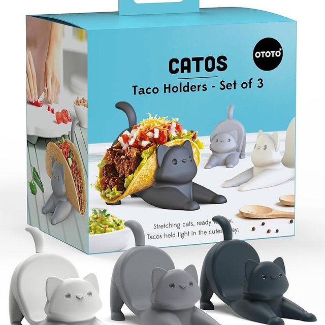 NEW - OTOTO Catos Taco Holder Set of 3 - Taco Shell Holder, Taco Stand, Taco Tray, Cute Kitchen Accessories, Weird Gifts, Cooking Gifts, Funny Gifts, Taco Stands for 3 Tacos, Fun Kitchen Gadgets