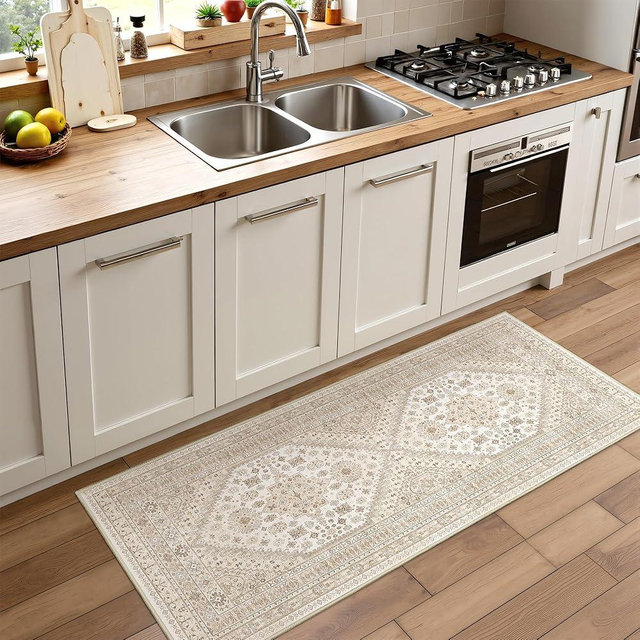 Restydon Runner Rug 2x6, Ultra-Thin Entryway Rug Non Slip Washable Rugs for Laundry Room, Runners for Hallways, Vintage Soft Rugs for Living Room, Kitchen, Bedroom(Cream/Beige,2'x6')