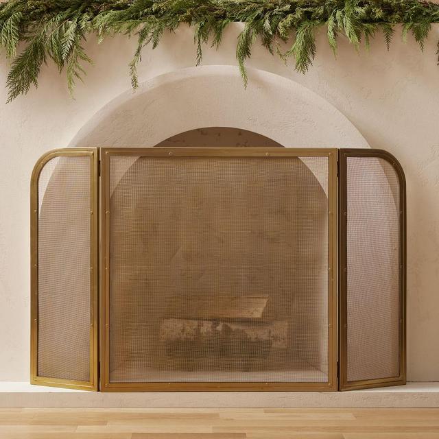 Deco Fireplace Tri-Fold Screen, Antique Brass
