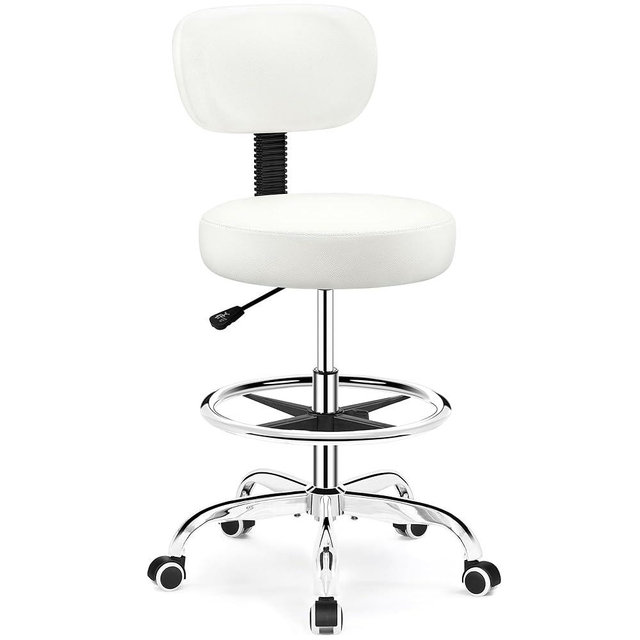 Brick Attic Drafting Chair with Backrest – Adjustable Foot Rest Rolling Stool with Wheels, PU Leather Swivel Stool for Office Spa Studio Lab Counter Salon Home Work Bar Kitchen Shop(White)