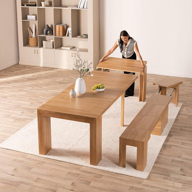 Transformer Table Expandable Dining Set for 2 to 12, Solid Wood Extendable Kitchen Table, Space-Saving Furniture, Small to Large Adjustable Dining Set with Bench (Natural, Table + Bench)