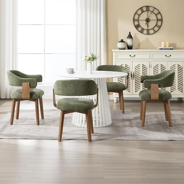 ROCITY Green Dining Chairs Set of 4 Upholstered Dining Room Chairs, Mid Century Modern Kitchen Chairs with Curved Backrest and Wooden Legs for Dining,Living Room