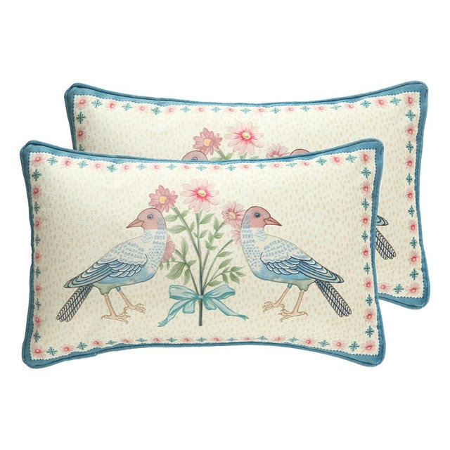 patdrea Designer Rectangle French Country Velvet Throw Pillow Cover 12x20 inches,Elegant Blue Pink Birds Floral Pattern,Decorative Pillowcases Cushion for Bed Living Room Outdoor Car,Pack of 2