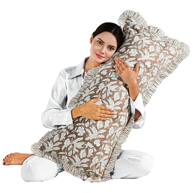 Ridhi Block Print Oak Brown 36"x14" Set 1-100% Cotton Ruffle Lumbar Sham Cover Boho Floral Pillowcase, Farmhouse Cottagecore Bedding, Soft Decorative Cover Gift for Spring, Easter, Valentine