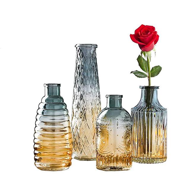Baroque Bud Glass Vase Set of 4, Small Rustic Vintage Flower Bottle Vases Embossed Design Centerpiece Decor for Home Wedding Receiption House Warming Party Gifts
