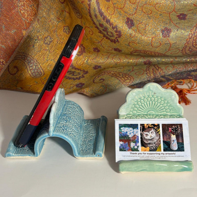 Ceramic Phone Stand, Double Sided, Multi Use, Handmade Pottery, Unique, Office Decor, Business Card Holder, Desk Accessory, Photo Display
