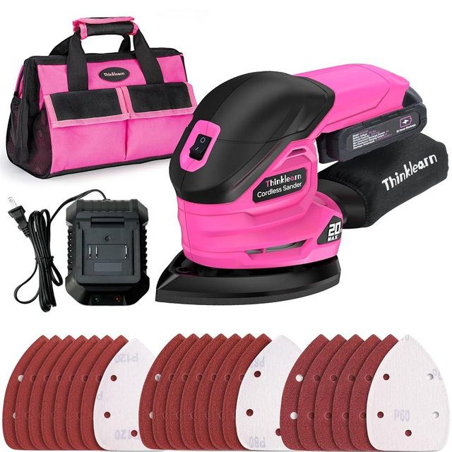THINKLEARN Cordless Detail Sander - 20V Electric Hand Sander with 22Pcs Sandpapers, 12000 RPM Mouse Sanders with Dust Bag, Compact Palm Sanding Tool for Woodworking, 2.0Ah Battery and Charger Included