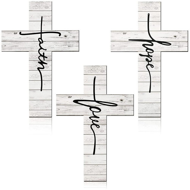 3 Pieces Faith Love Hope Cross Sign Wood Wall Hanging Cross Rustic Cross Wall Decor Vintage Cross Wall Art Religious Love Cross Wall Decor Farmhouse Home Hanging Decor for Home Decoration, 12 x 8 Inch