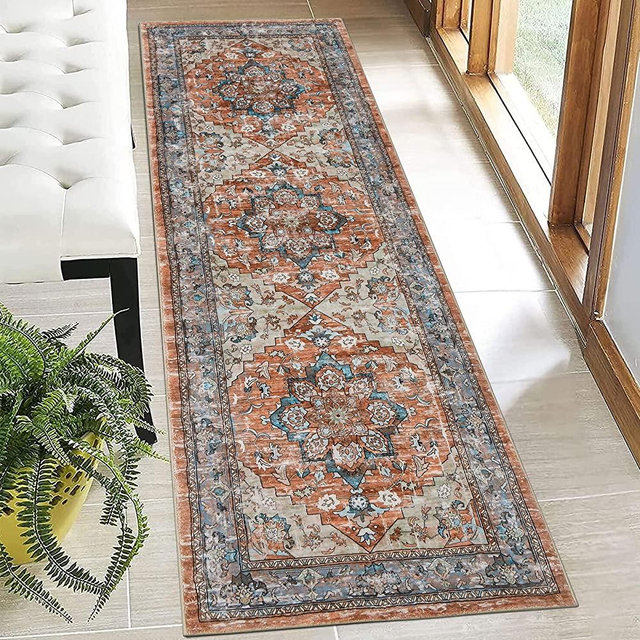 Bsmathom Boho Rug Runner 2x6, Non Slip Hallway Runner Rug Faux Wool Soft Fuzzy Rug, Washable Low-Pile Carpet Runner, Non-Shedding Stain Resistant Kitchen Mat for Laundry Living Room (Red,2x6Ft)
