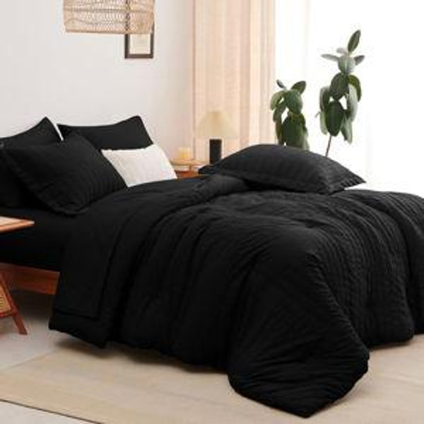 CozyLux King Seersucker Comforter Set with Sheets Black Bed in a Bag 7-Pieces All Season Bedding Sets with Comforter, Pillow Sham, Flat Sheet, Fitted Sheet, Pillowcase