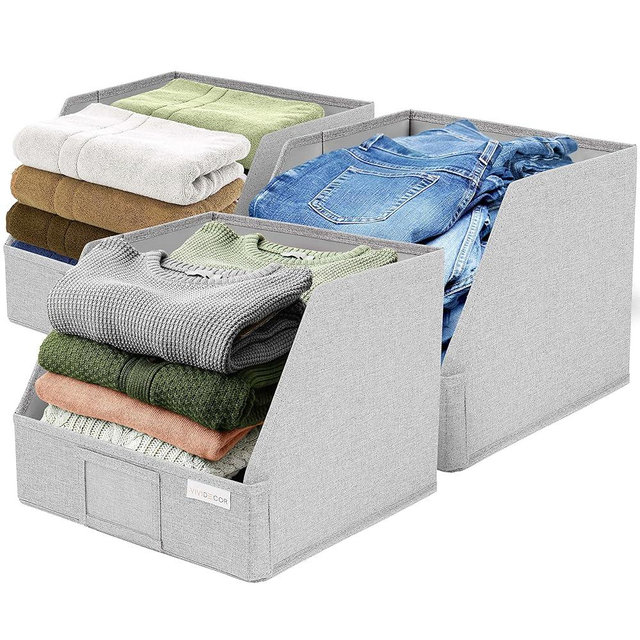 VIVIDECOR Trapezoid Closet Bins for Shelves – 12x12x10 Fabric Storage Baskets, Closet Organizers Bins, Open Front Fabric Baskets, Collapsible Organizer Boxes for Clothes, Linen – Light Gray, 3 Pack
