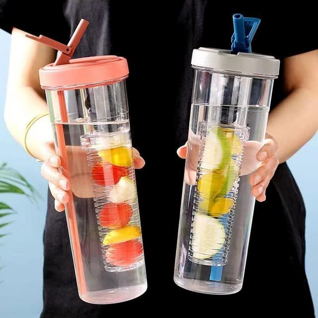 LFRNZS Foldable Straw Water Bottle,Fruit Infuser Water Bottle, Tea Infuser Water Bottle ，Tumbler with Straws, LeakProof, Shatter Proof, Reusable Water Bottles for Indoor & Outdoor (Pink)