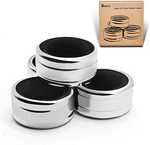 Sunnyac Pack of 4 Kitchen Stainless Steel Wine Bottle Collars, Durable and Plated Wine Drip Ring (Black Smooth)