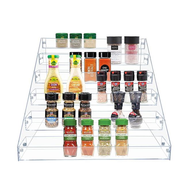 PMMASTO Tiered Spice Rack, Seasoning Organizer, Clear Acrylic Vertical Shelves Can Organizer for Countertop, Cabinet, Pantry, Kitchen Organization & Storage - 6 Tier