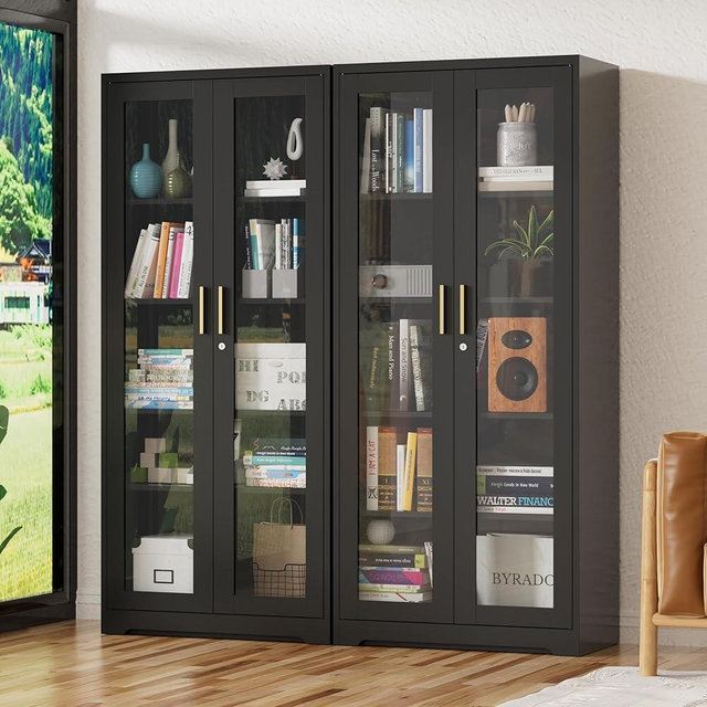 UNICOLY Storage Cabinet with Doors and Shelves, Display Cabinet with Glass Doors, Pantry Cabinet, Curio Cabinet with Locking Doors, Metal Storage Cabinet for Office,Kitchen,Living Room 71” H Black