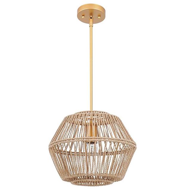 VILUXY Woven Rattan Pendant Light Fixture, Hand-Worked Cage Shade Natural Abaca Rope Chandelier Antique Brass Brush Paint Finish for Bedroom, Dining Table, Living Room, Kitchen Island