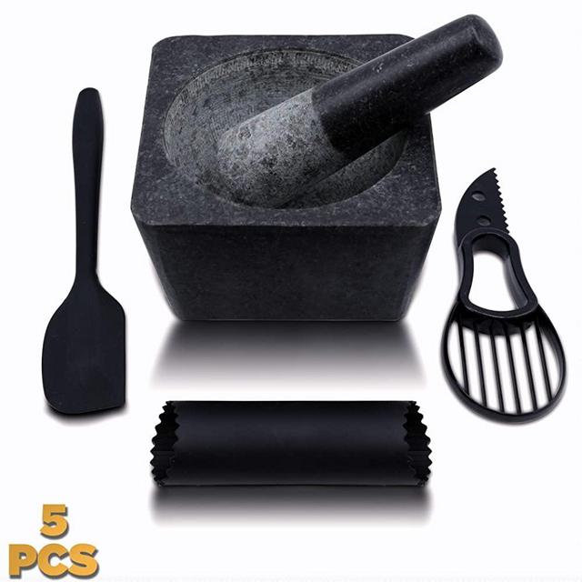Mortar And Pestle Set & Garlic Peeler & Spatula & Avocado Slicer - Guacamole Bowl - Molcajete Authentic Mexican Morter And Pessel - Granite Stone Grinder - Motar And Pedstal - Large Spice Grinder