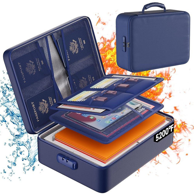 DocSafe 5200°F Document Organizer with Lock,Upgraded Heat Insulated Fireproof＆Waterproof Box 8 Layers File Organizer,Portable Home Travel Safe Storage for Important Documents, Files,Blue