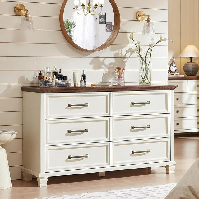 SAVOR LIFE Farmhouse White 6 Drawer Dresser for Bedroom, 54 inch Wide Vintage Large Chest of Drawers with Square Wood Legs, Rustic TV Console for Living Room, Wooden Storage Closet Dressers for Home