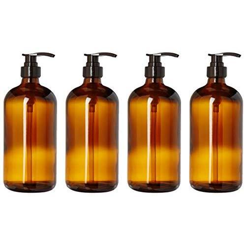 kitchentoolz 32 Ounce Large Amber Glass Boston Round Bottles with Black Pumps. Great for Lotions, Soaps, Oils, Sauces and Detergent - Food Safe and Medical Grade (4 Pack of Bottles)