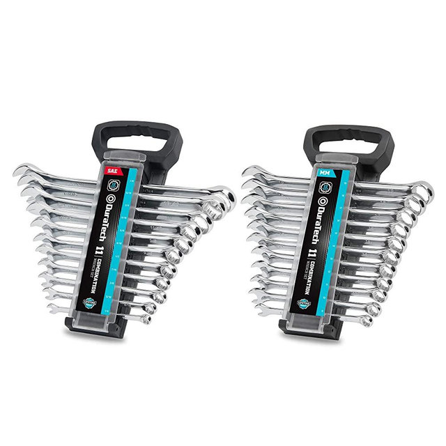 DURATECH Combination Wrench Set, Inch&Metric, 22-piece, 1/4'' to 7/8'' & 8-19mm, Chrome Vanadium Steel, with Plastic Tray