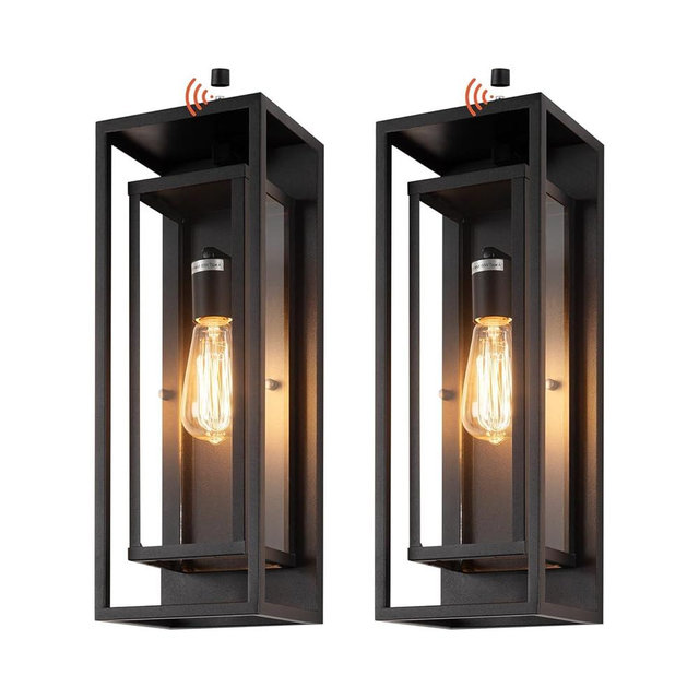 mirrea 18" Dusk to Dawn Outdoor Wall Sconce 1 Light in Matte Black Rectangular Metal Frame and Clear Glass Shade Waterproof Porch Light Patio Light Pack of 2