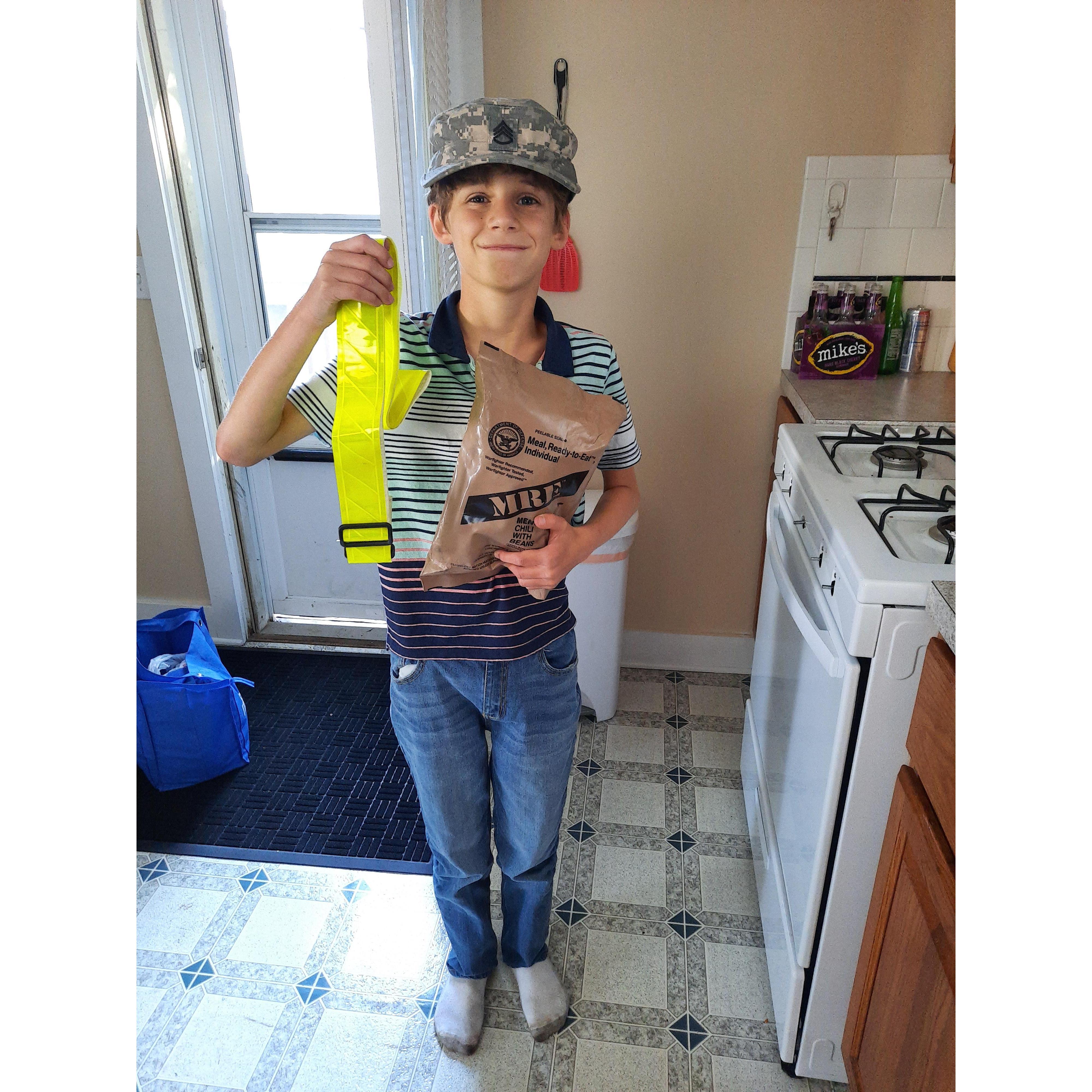 Wesley was pretty dang stoked to get areal MRE and a real Army hat