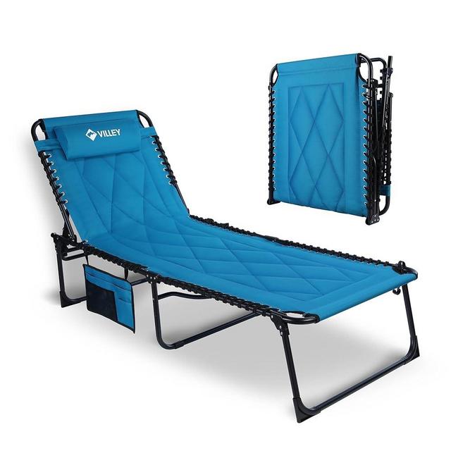 VILLEY Oversized Padded Chaise Lounge with Cushion, Foldable Camping Cot, Patio Reclining Lounge Chairs, Folding Sleeping Bed for Outdoor, Indoor, Backyard, Garden, Camping, Relaxing, Beach Tanning