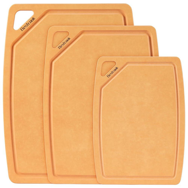 BESTCOOK Cutting Board for Kitchen -Wood Fiber Cutting Board Set of 3, Cutting Boards with Juice Grooves, Dishwasher Safe, Durable Chopping Board Ideal for Meat, Vegetables, Cheese, Wooden