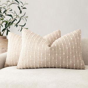 Foindtower Pack of 2 Decorative Jacquard Boucle Lumbar Throw Pillow Covers Accent Textured Striped Pillowcases Cozy Boho Cushion for Couch Sofa Bedroom Living Room Home Decor 12x20 Inch Natural Beige
