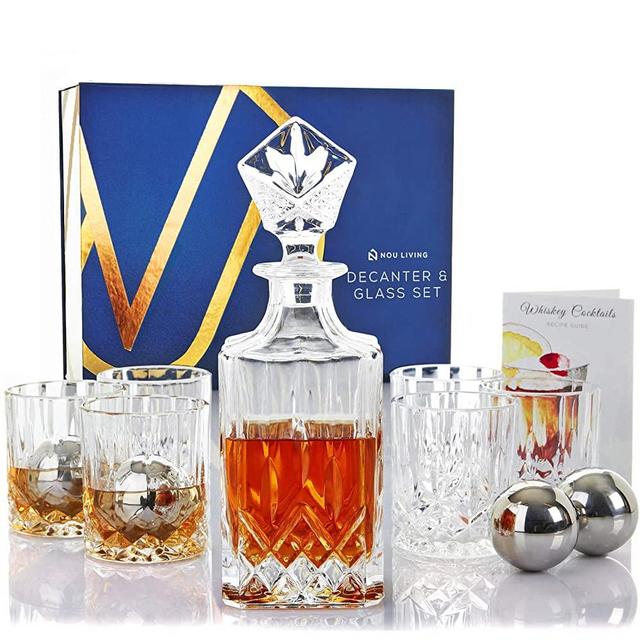 Nou Living 11 Pc Crystal Whisky Decanter Set with Glasses – Elegant Whisky Decanter & Glass Set of 6 – Crystal Liquor Decanter Set for Men – Whisky Glass Decanter Set with Whiskey Stones Gift Box Set