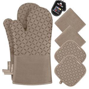 KEGOUU Oven Mitts and Pot Holders 6pcs Set, Kitchen Oven Glove High Heat Resistant 500 Degree Extra Long Oven Mitts and Potholder with Non-Slip Silicone Surface for Cooking (Khaki)