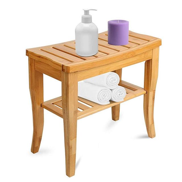Olebes Bamboo Shower Bench Stool with Storage Shelf - Waterproof Wood Spa Bath Seat for Indoor or Outdoor Use, Wooden Bathroom Bench Chair（18.5"*10.2"*17.7"
