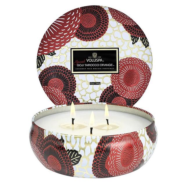Voluspa Spiced Goji Tarocco Orange | 3 Wick Tin | 12 Oz. | All Natural Wicks and Coconut Wax for Clean Burning | Holiday Scent