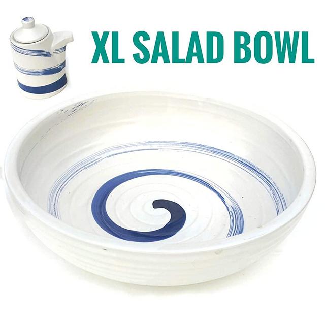 12 Inch Large Salad Serving Bowl. Hand Painted StoneWare, Matching Ceramic Oil Jar Included. Also Pasta Fruit Soup And Mixing Bowls