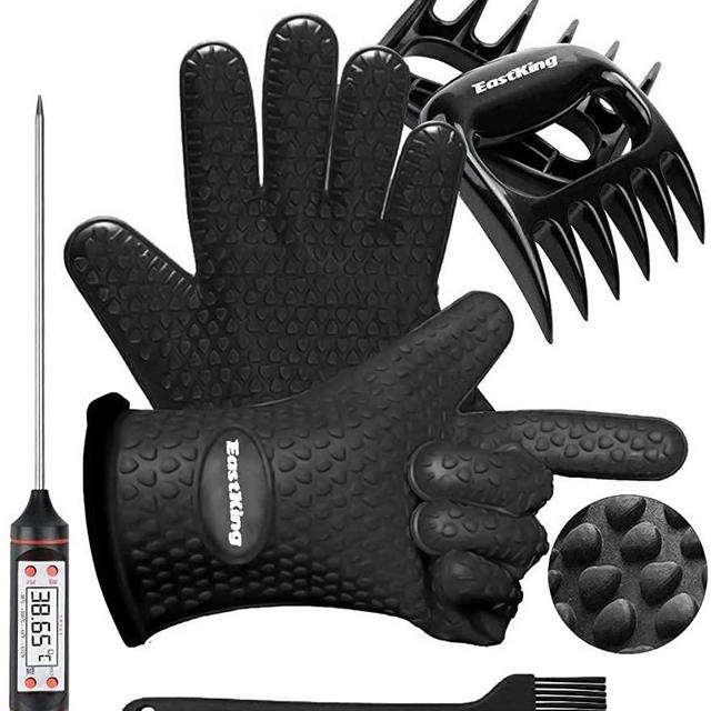 BBQ Accessories Set-Grilling Oven Gloves,BBQ Claws,Meat Thermometer and Silicone Brush Smoker Set for Cooking Barbecue Baking (Black)