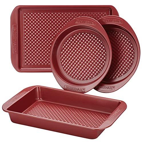 Farberware 47134 Nonstick Bakeware Set with Nonstick Cookie Sheet / Baking Sheet, Baking Pan and Cake Pans - 4 Piece, Red