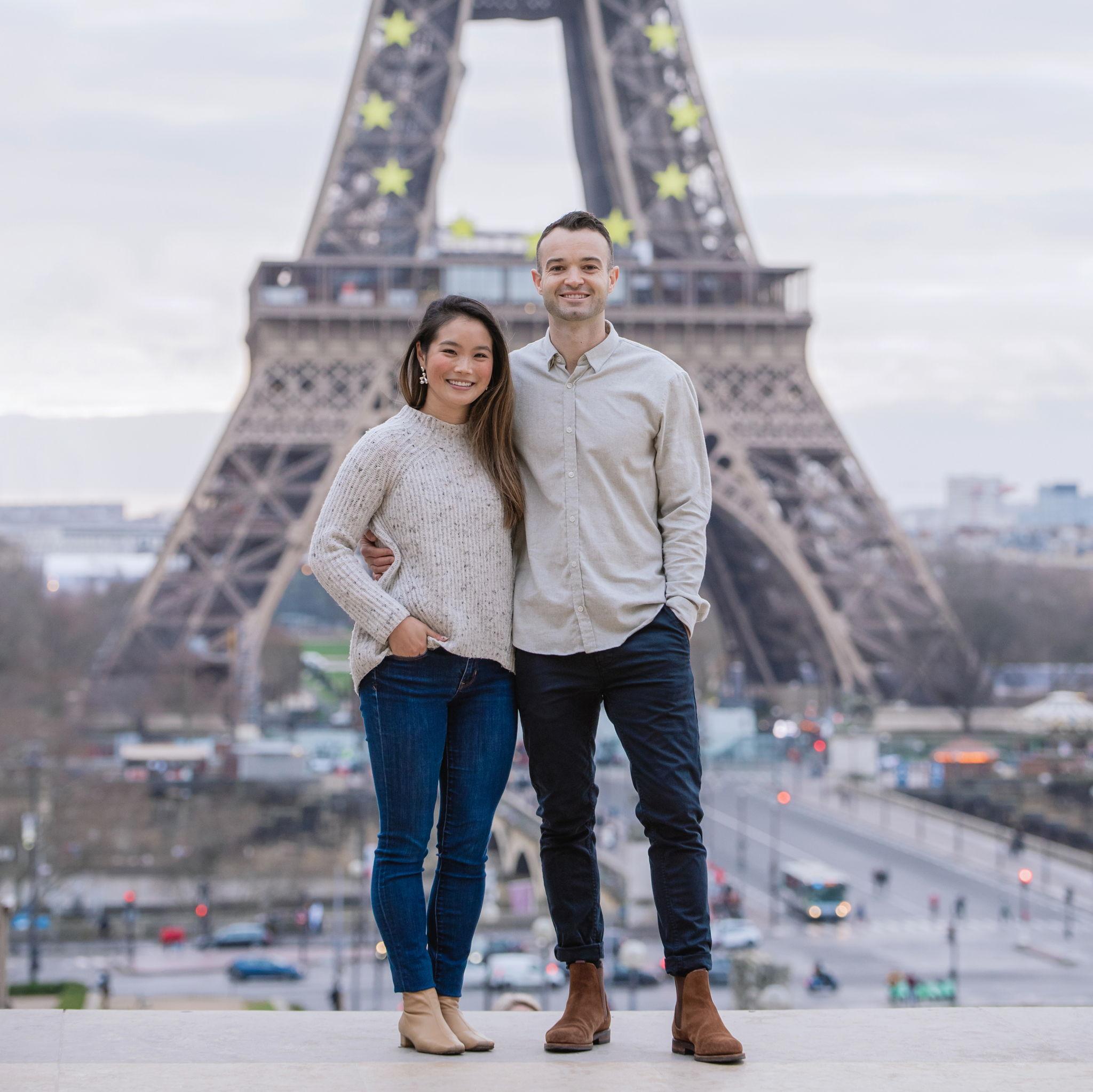 Sunrise in front of the Eiffel Tower, on our trip to Paris from 2020. We got to experience a full fancy photoshoot with some good friends, and this one was special.