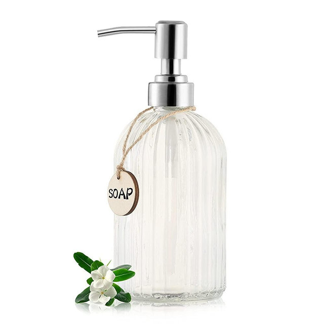 MOCLIF 16 OZ Soap Dispenser，Tempered Glass Clear Vertical Stripe with 304 Rust Proof Stainless Steel Pump Refillable Liquid Hand Soap Dispenser，for Bathroom, Kitchen , Dish Soap，Lotion (Clear)