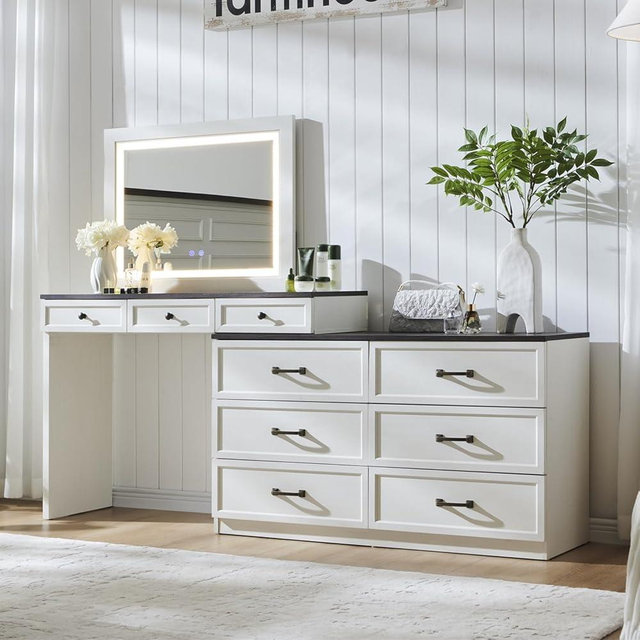 Aitjunz 69" W Big Vanity Desk with Glass Top, Farmhouse Makeup Table with 9 Large Storage Drawers, Rustic Wood Bedroom Dressing Table w/3 Color Available Light & 30" HD Led Mirror, White